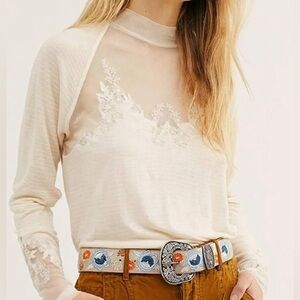 Free People|Saheli Floral Embroidered mesh long sleeve top in cream color•SMALL
